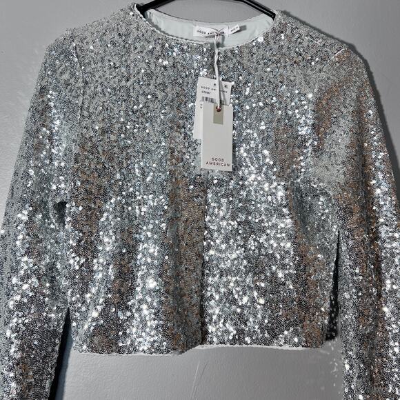 Good American Sequin Crop Top S Silver Button front NWT New Years Party - Picture 8 of 9